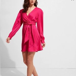 Jacquard Satin Tie Waist Long Sleeve Hot Pink Dress